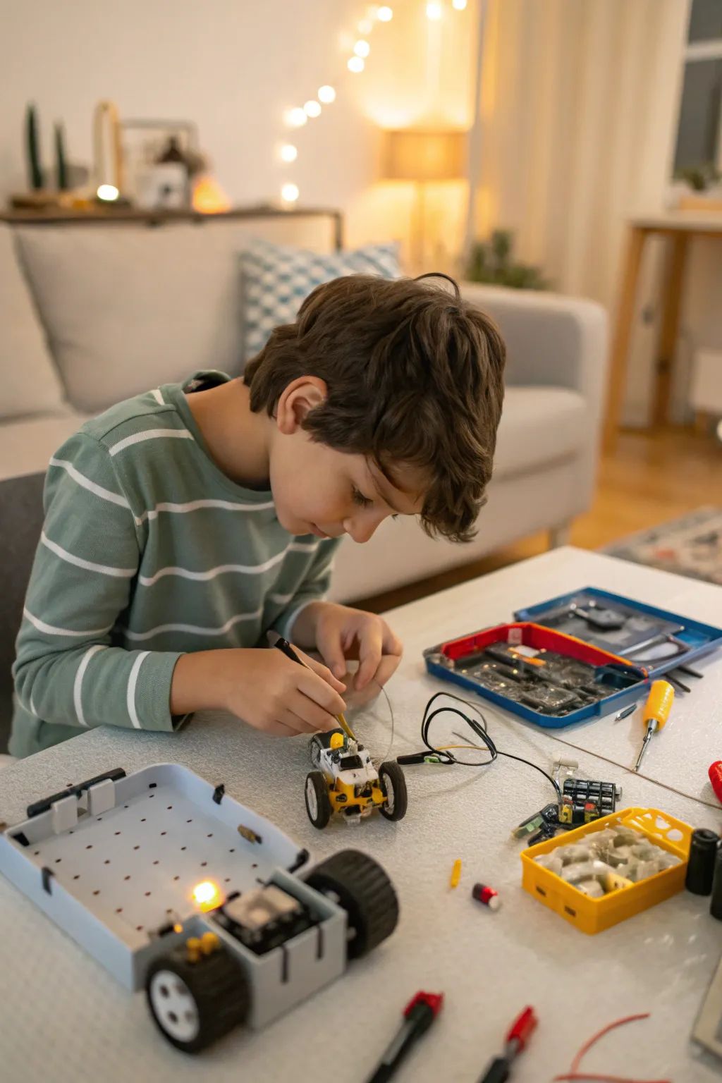 Students assembling and testing a robot during a robotics session